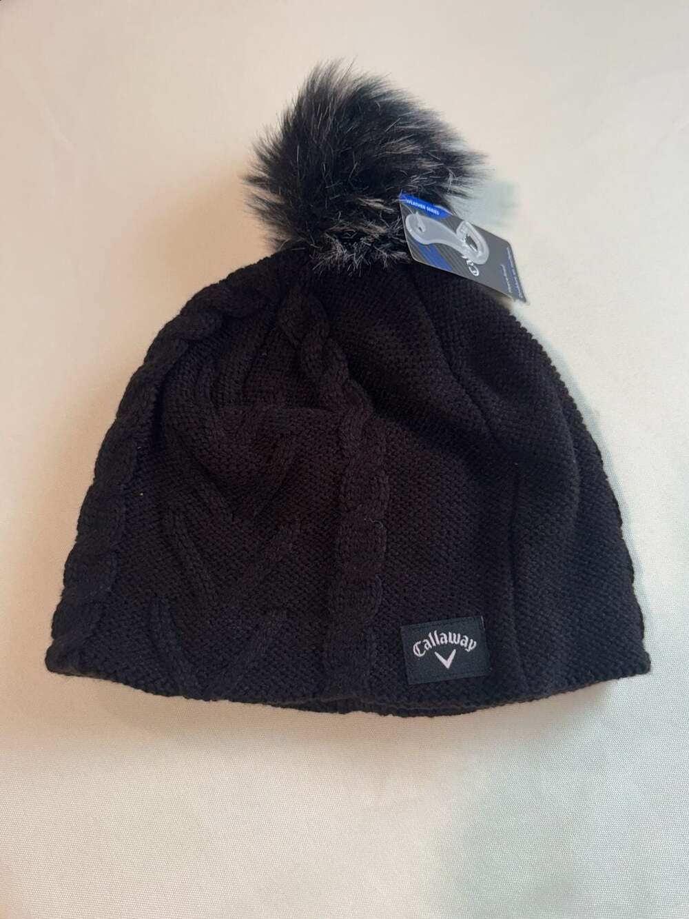 Women’s Black Cable Knit Pom Pom Beanie Fleece Lined Après Ski Cozy Winter NWT